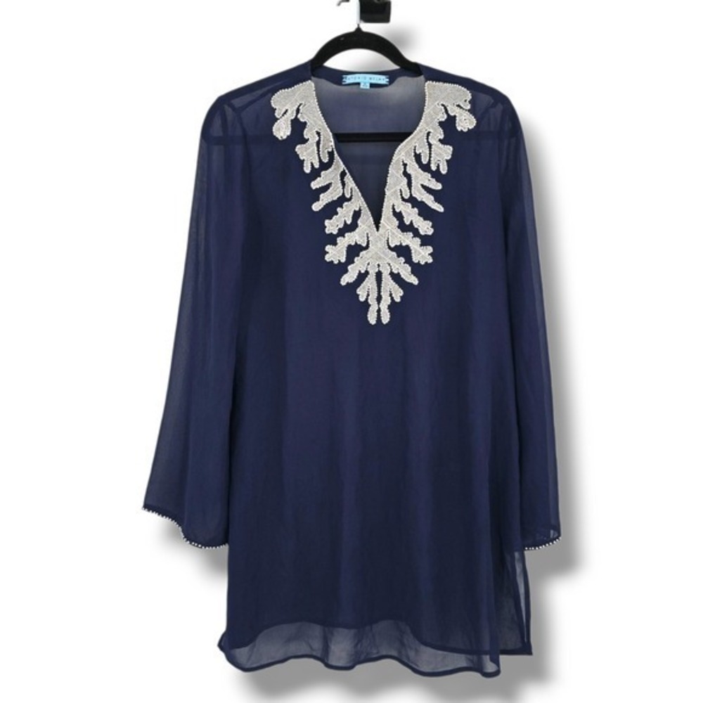 Antonio Melani Cover-Up Tunic Sheer Navy Blue‎ Embellished V-Neck Small